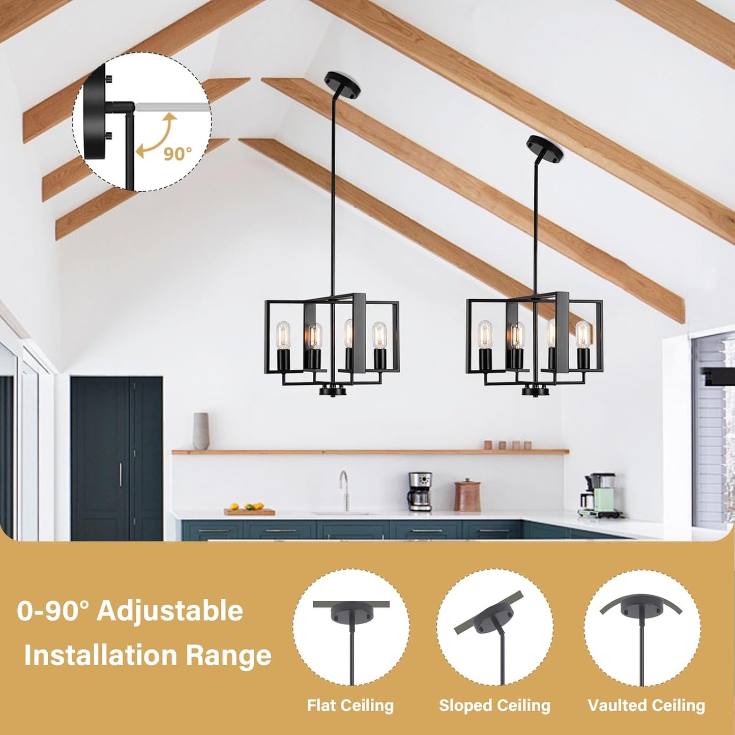 Modern Chandeliers for Dining Room, Black Farmhouse Chandelier, 4 Lights Industrial Pendant Light Fixture Adjustable Hanging Lights for Living Room Entryway Kitchen (Black, 16.14"【4 Lights】)