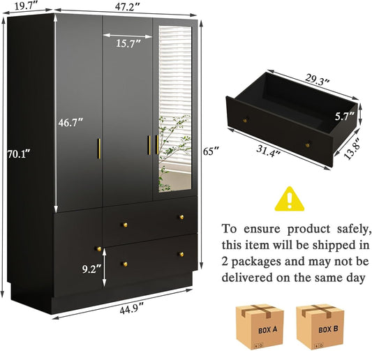 3 Doors Armoire Wardrobe Closet with Mirror & Organizers, LED Wooden Bedroom Armoires with Hanging Rod for Bedroom, Black