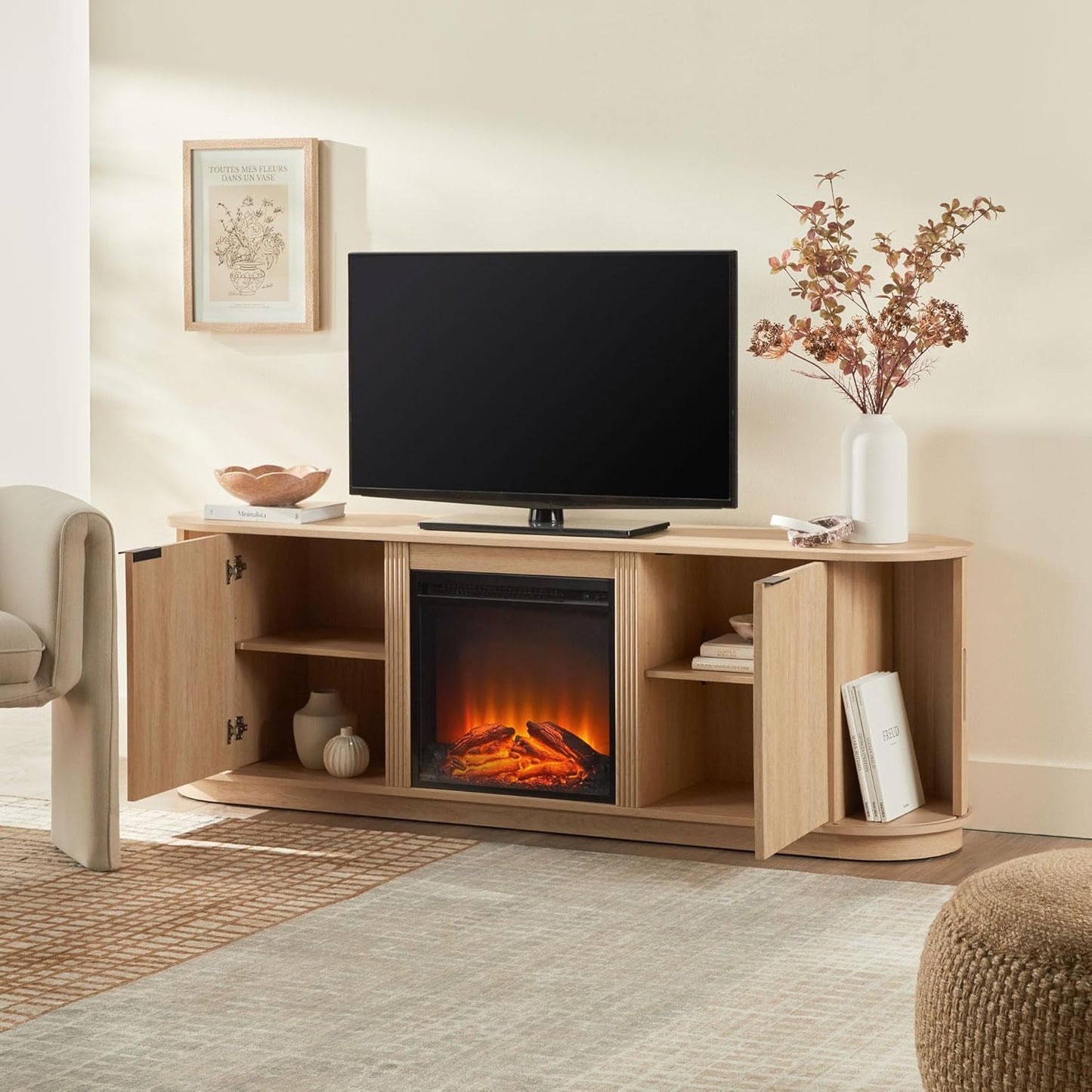 Chloe Reeded TV Stand with Fireplace Insert, 75 Inch, 70 Inch, Coastal Oak