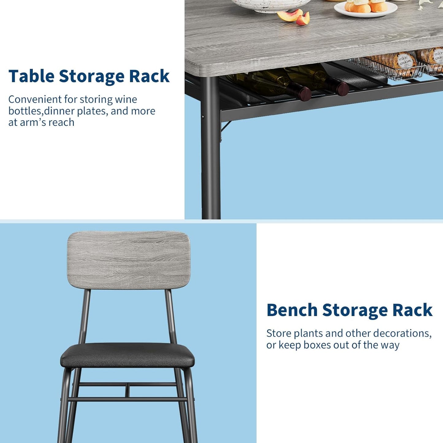 Dining Table Set for 4 with Storage Rack, 5-Piece Kitchen Table and Upholstered Chairs of 4, Wood Tabletop & Heavy-Duty Metel Frame, Dining Room Set for Small Space, Apartment, Gray