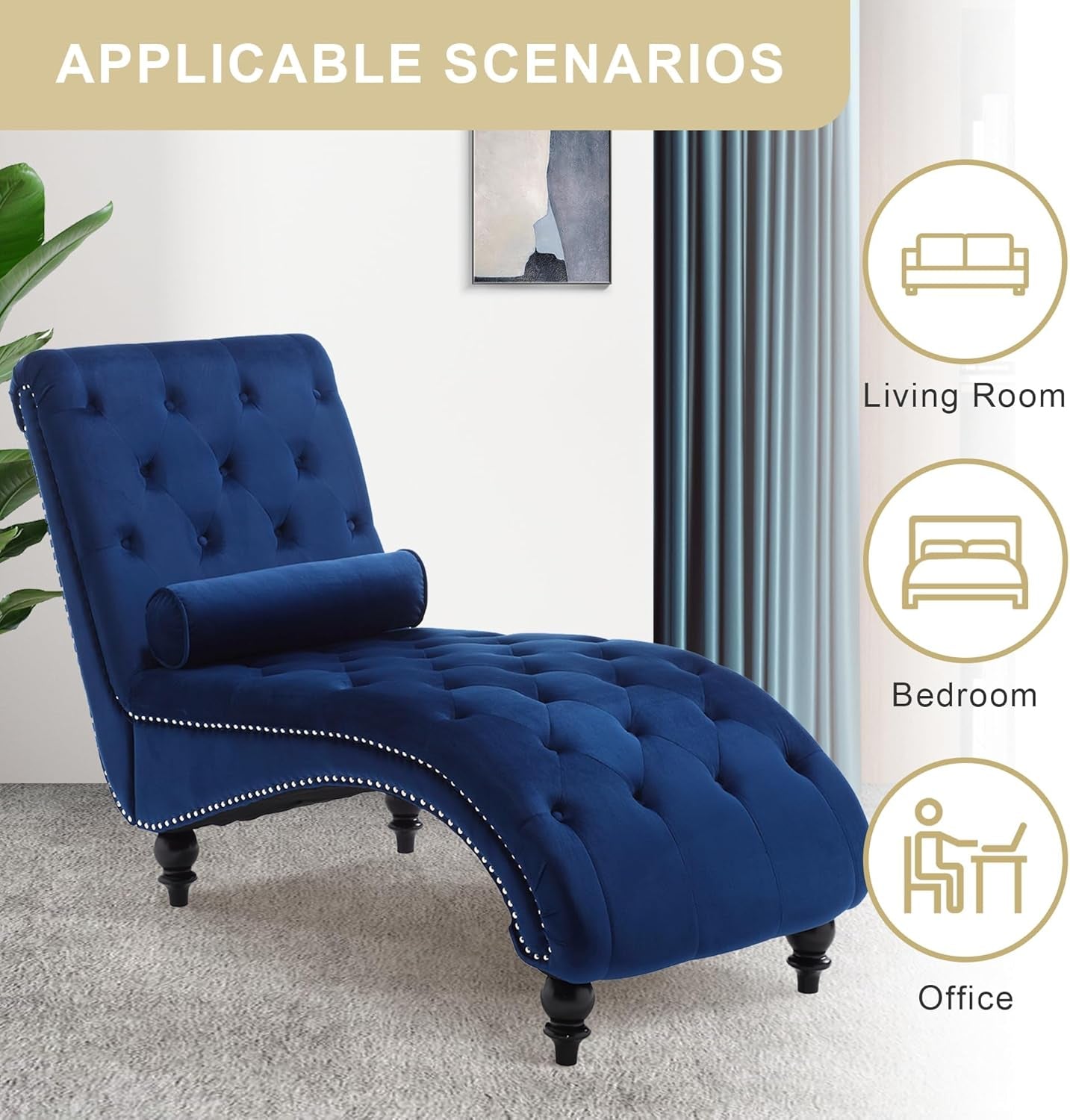 Velvet Chaise Lounge Indoor,Button-Tufted Upholstered Chaise Lounge Chair with Pillow for Bedroom Living Room Office Modern Backrest Leisure Recliner Sleep Sofa (Blue)