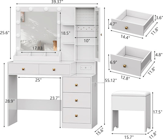 Vanity Desk with Mirror and Lights, White Makeup Vanity with 5 Drawers Hidden Jewelry Organizer& LED Glass Cabinet,3 Light Mode and Brightness Adjusted,Vanities Mirror with Lights Desk and Chair