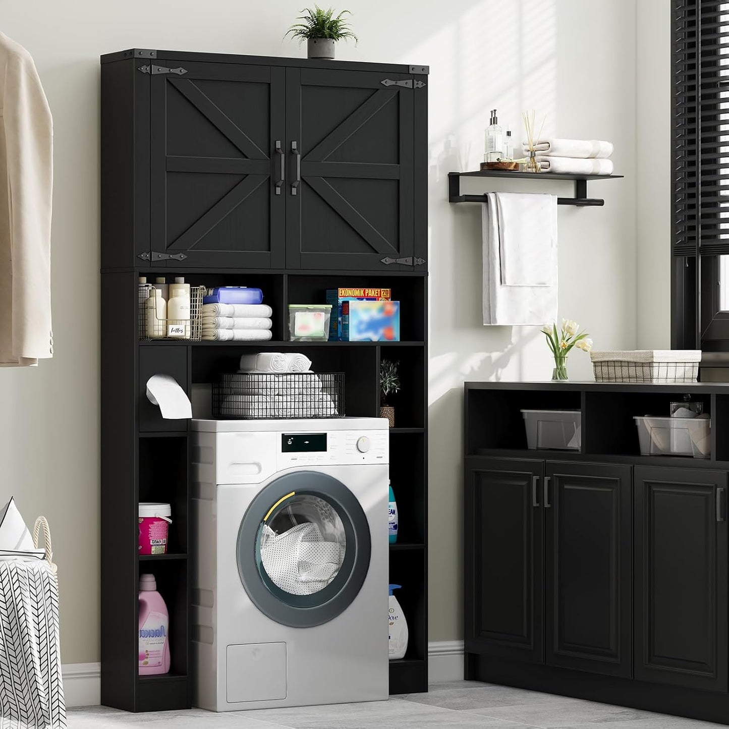 Over the Toilet Storage Cabinet, Farmhouse Storage Cabinet over Toilet with 2 Barn Doors ,Toilet Paper Holder Stand,Home Space-Saving Toilet Rack, for Laundry, Restroom, Bathroom.Black