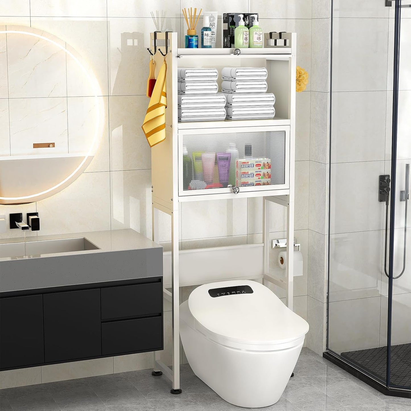 over the Toilet Storage Cabinet,3-Tier,Bathroom Toilet Organizer,Waterproof, Cabinet Door Design,Freestanding Space Saver with 4 Hooks for Bathroom,White