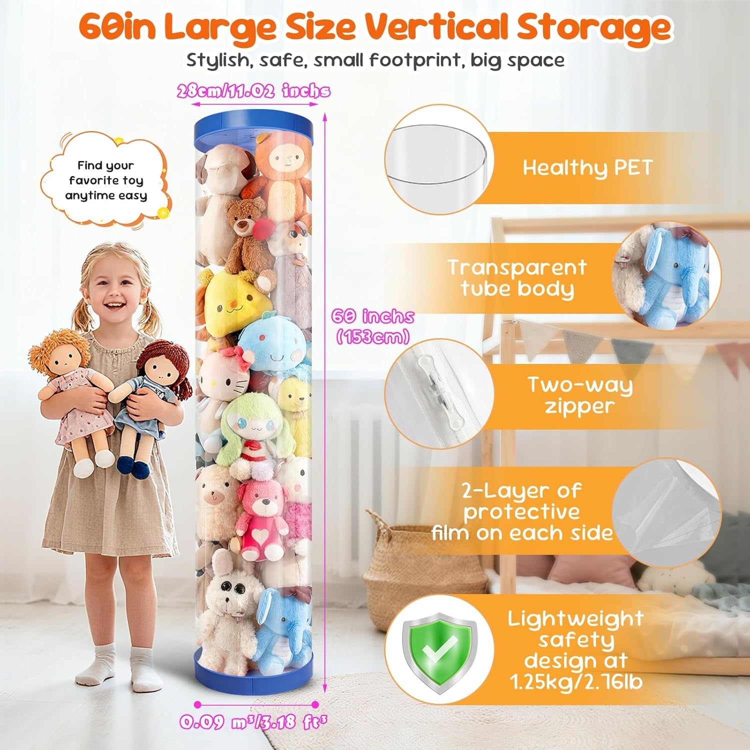 2 Pack Stuffed Animal Storage Tube - Clear 60 Inch Large Vertical Toy Organizer, PET Transparent Display Holder for Plushies, Kids Stuffed Animals Zoo for Playroom, Living Room, Bedroom