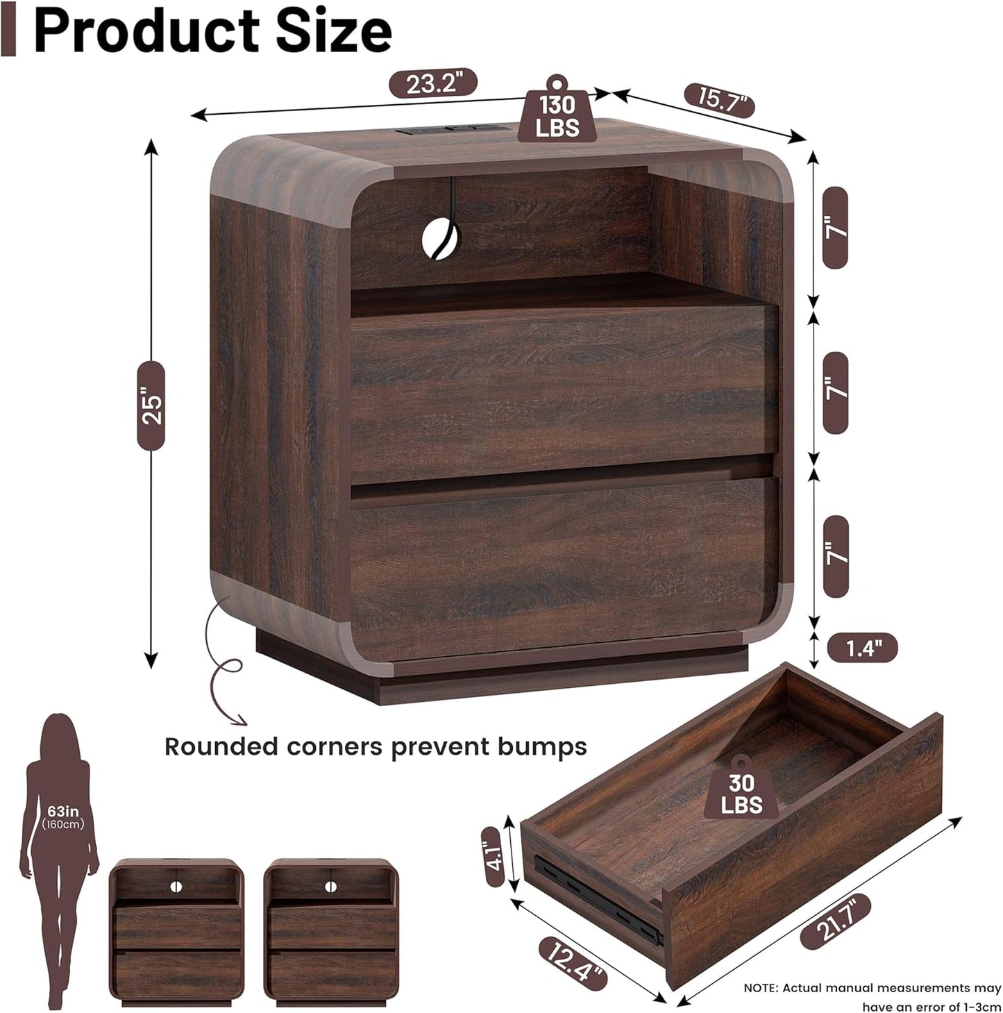 Modern Nightstand Set of 2, 23.2" Wide Wood Bedside Table with Charging Station, 3 Storage Drawers Side Table Curved Profile, Handleless, Large End Table Night Stand for Bedroom, Walnut 