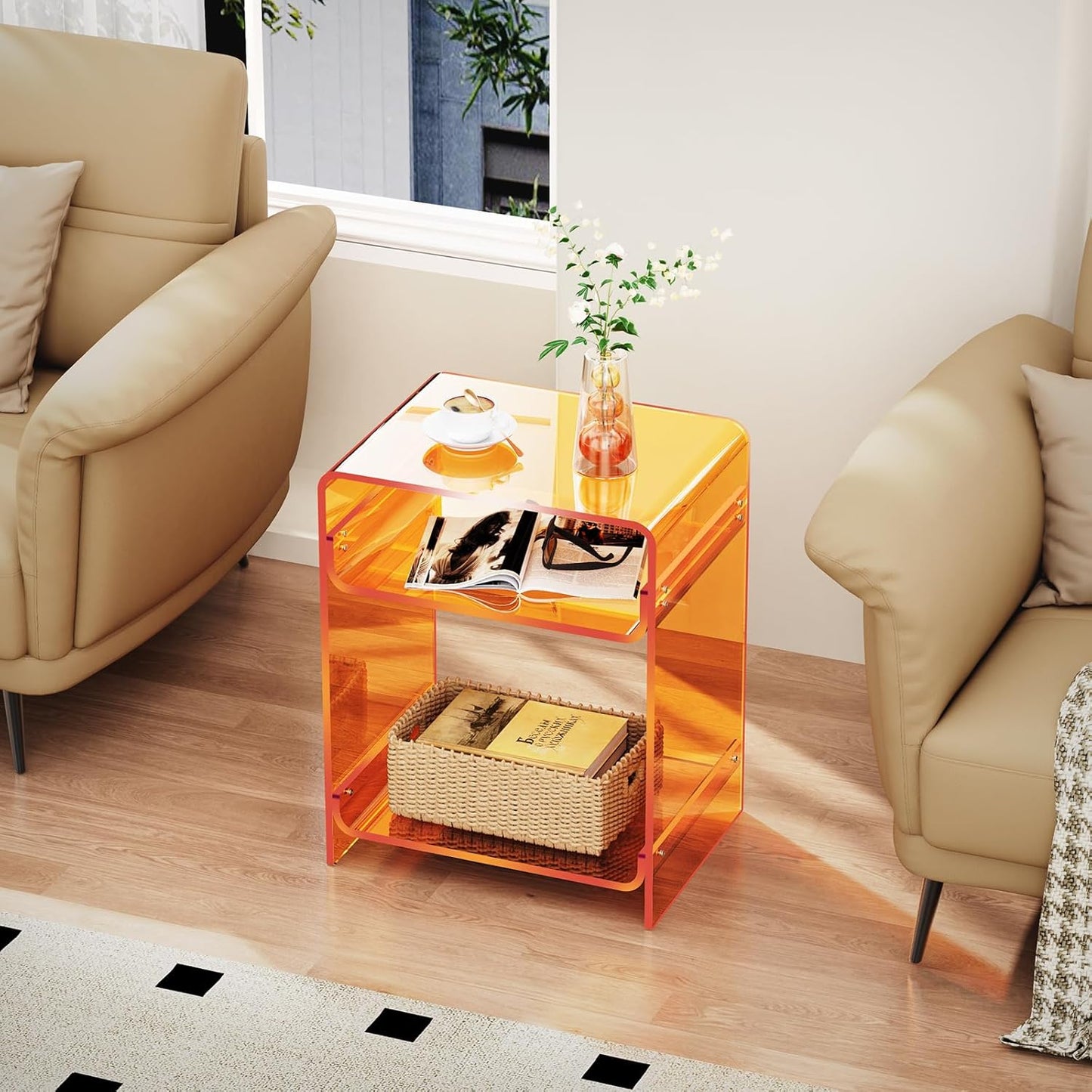 Acrylic End Table Record Player Table with Storage Shelf Clear Side Table Nightstand, Orange
