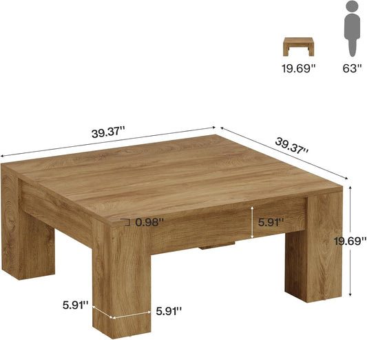 Square Coffee Table, 39-Inch Farmhouse Wooden Coffee Table with Sturdy Legs, Rustic Accent Center Table for Living Room, Easy Assembly, Light Brown