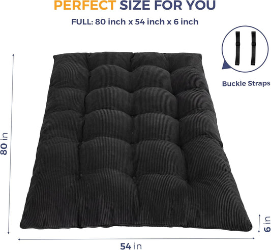6" Japanese Floor Mattress, Foldable Futon Mattress Full Size, Tufted Roll up Floor Bed, Thick Tatami Mat Sleeping Pad Portable Lounger for Camping Guest Room Dormitory Bedroom RV, Black