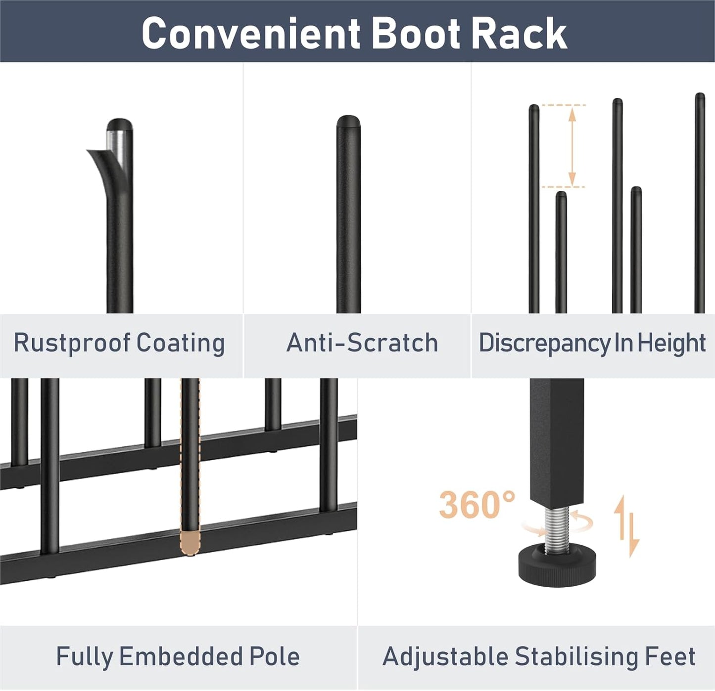 Boot Rack 4-Tier - Black Metal Boot Storage Rack for Tall Boots Organizer Tall Boots, Multiuse Shoe Rack for Boots, Sneakers, High-Heel, Entryway, Fits 6 Pairs
