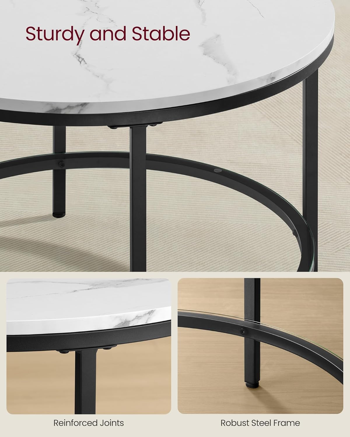 round Coffee Table, 2-Tier Small Coffee Table with Faux Marble Top and Glass Shelf, Modern Style, for Living Room, 25.6 X 25.6 X 18.1 Inches, Marble White and Ink Black ULCT072W13