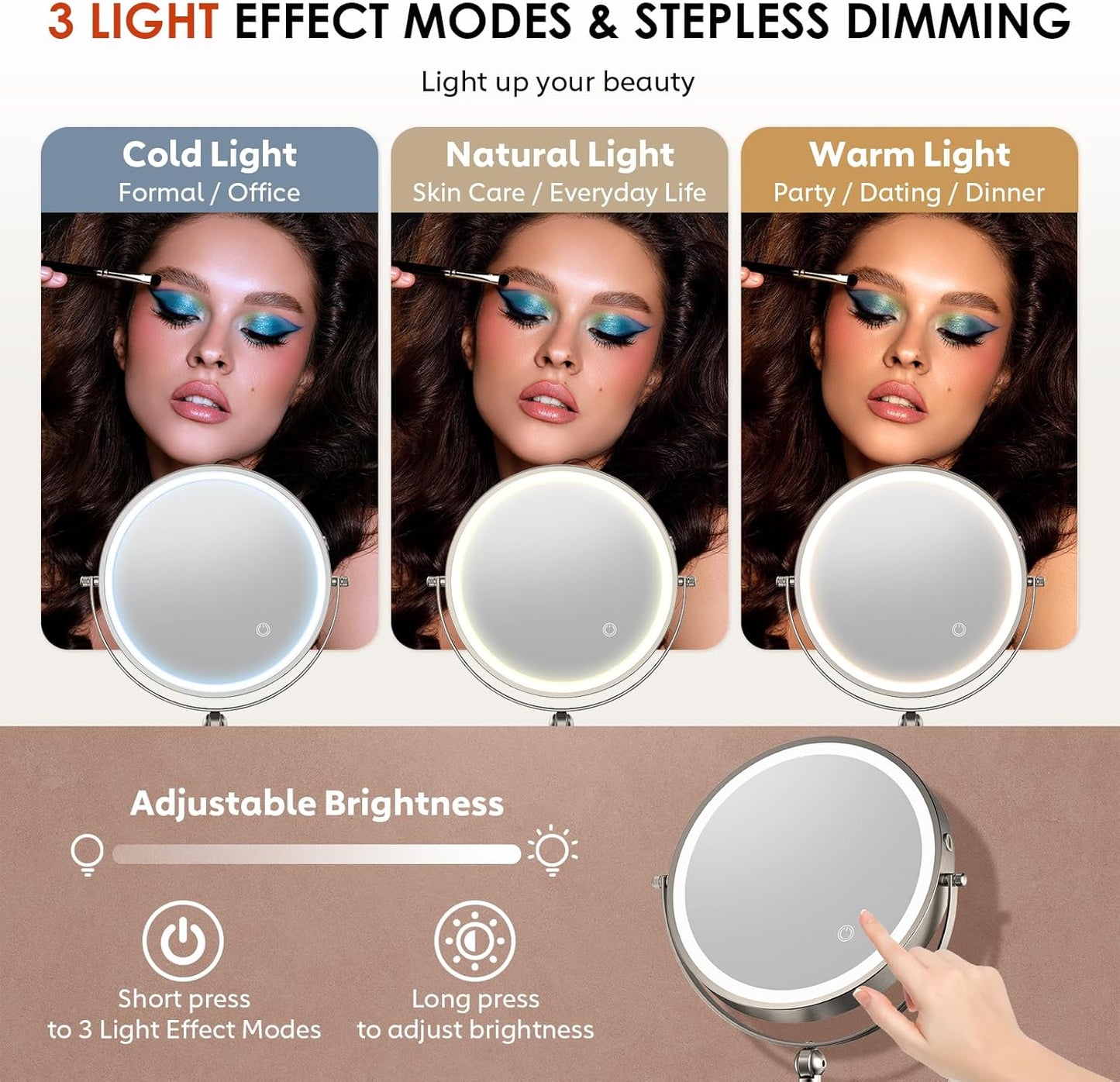 9" Wall Mounted Lighted Makeup Mirror,4000Mah Rechargeable Double Sided 1X/30X Magnifying Mirror with Light,Touch Dimmable,Extended Arm 360 Rotation Wall Mounted Makeup Mirror 3 Color Lights-N