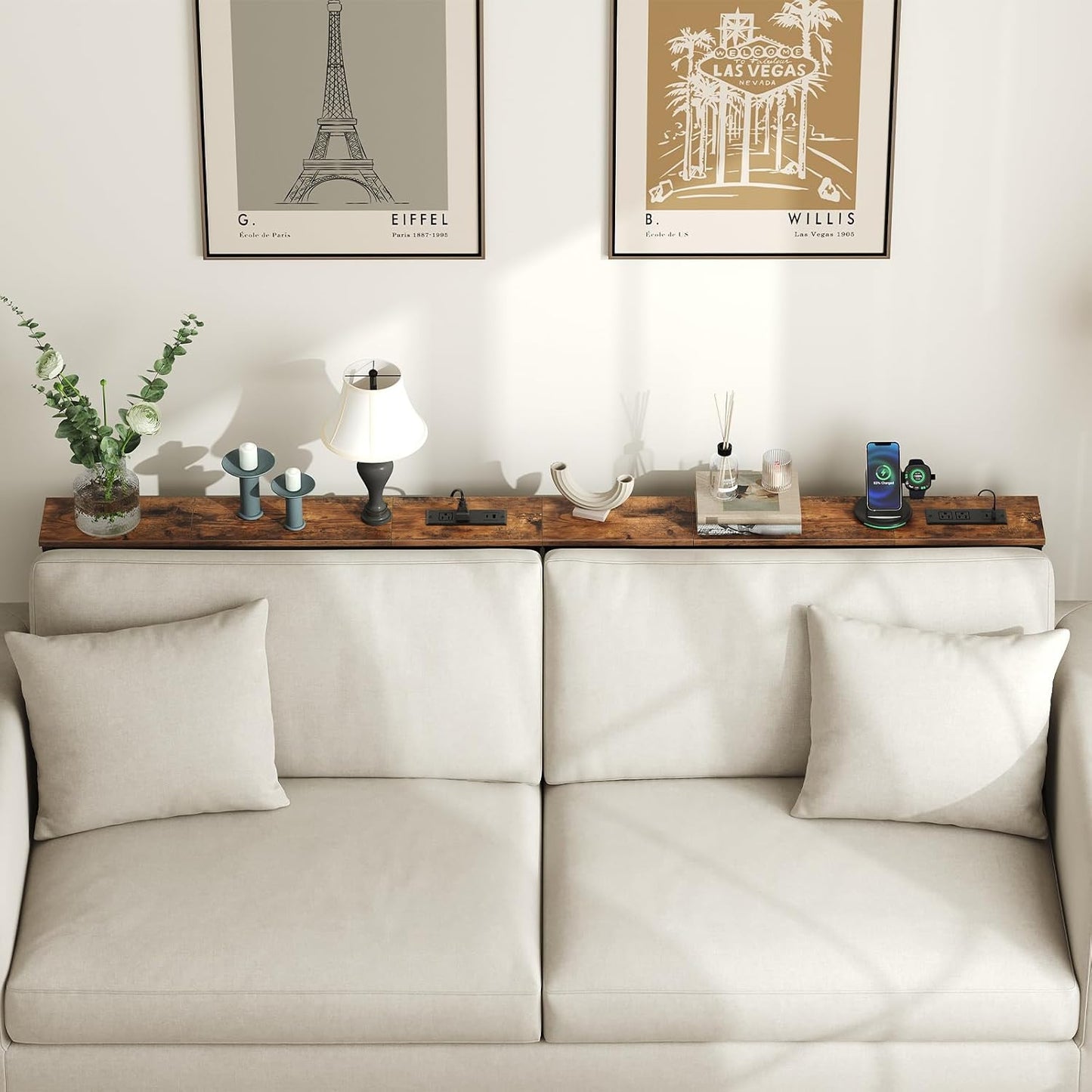 39.4 Inch Narrow Console Table with Power Outlets, 5.9 Inch Skinny Sofa Table behind Couch, Small Entryway Table, Metal Frame, for Living Room, Hallway, Greige and Black BG52UXG01