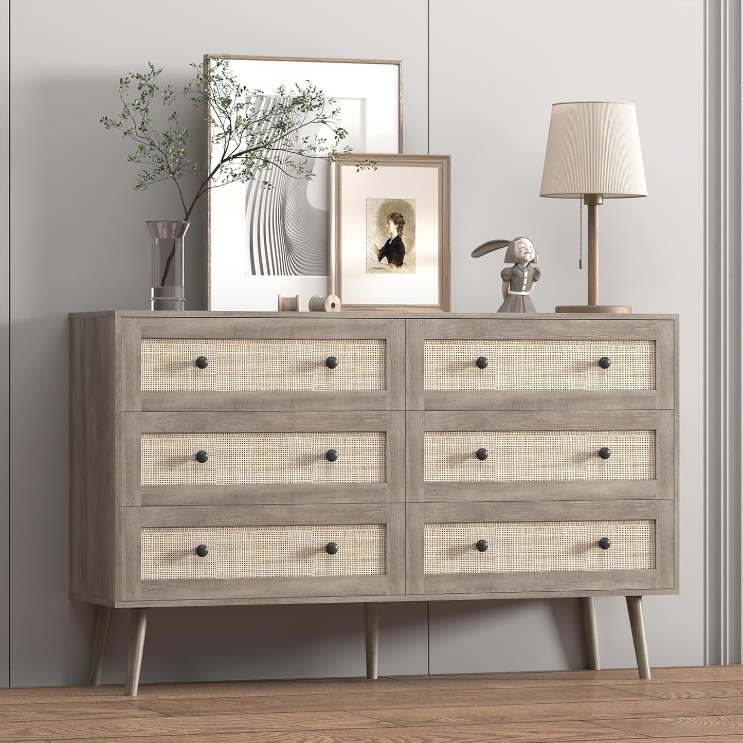 Dresser for Bedroom with 6 Drawer, Rattan Chest of Dressers, Wide Wood Double Dresser, Wooden TV Stand Closet Storage Furniture, Boho Small Clothes Organizer for Hallway, Living Room, Entryway, Grey