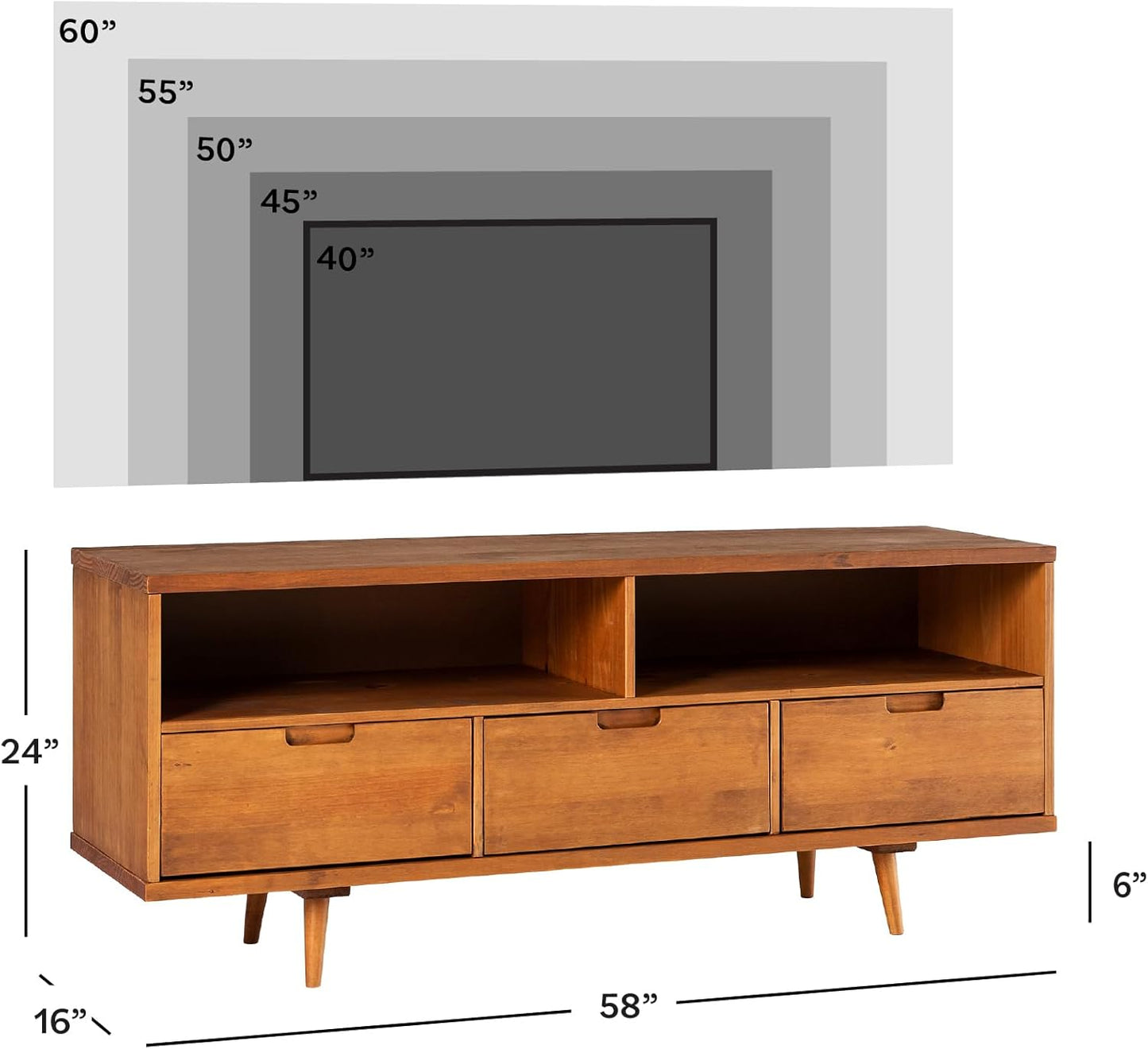3-Drawer Mid Century Modern Wood TV Stand for Tv'S up to 65" Flat Screen Cabinet Door Living Room Storage Entertainment Center, 58 Inch, Caramel