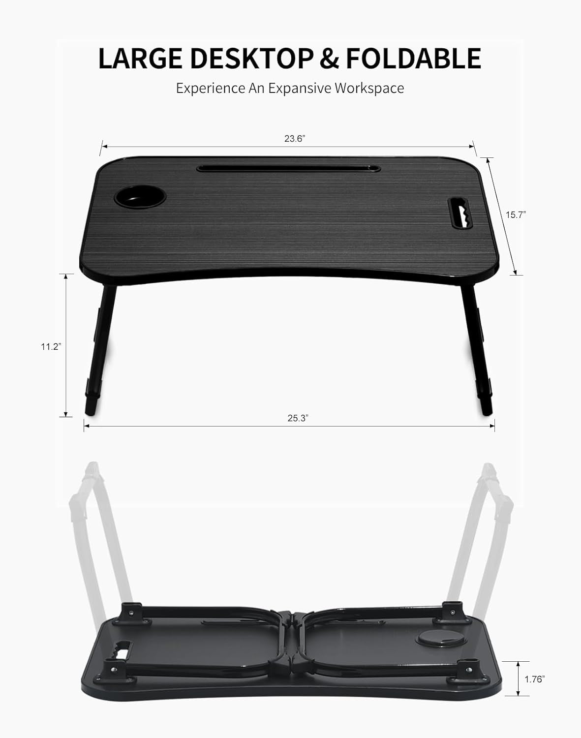 Laptop Bed Desk, Foldable Lap Desk, Portable Lap Table, Laptop Stand with Cup Holder & Tablet Slot & Lifting Handle for Working Writing Drawing & Eating - Black