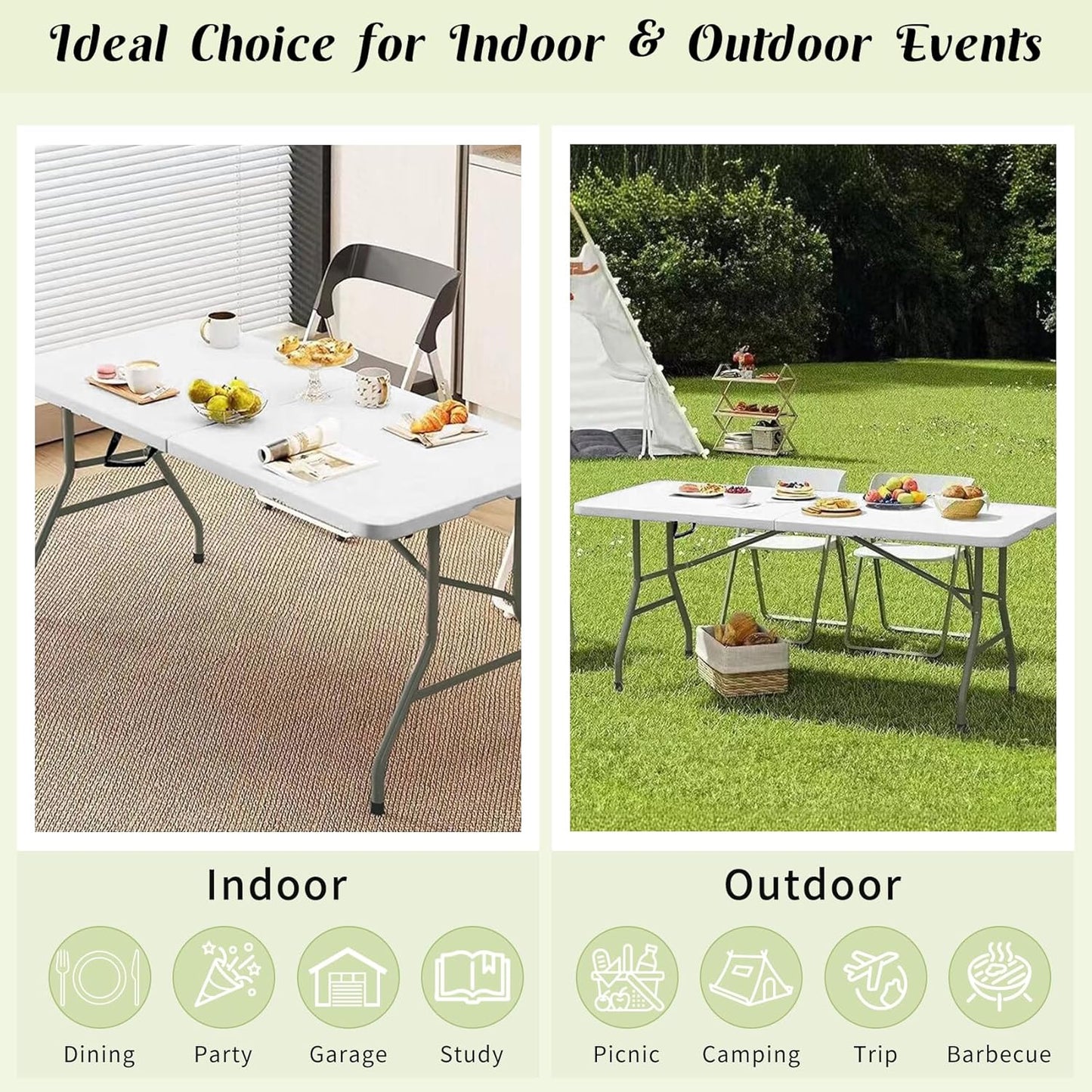 2 Pack 6 FT Folding Tables White Foldable Table, Fold-In-Half with Carrying Handle Portable Plastic Rectangular Table for Party, Dining, Wedding, Camping, Picnic, Indoor Outdoor Events