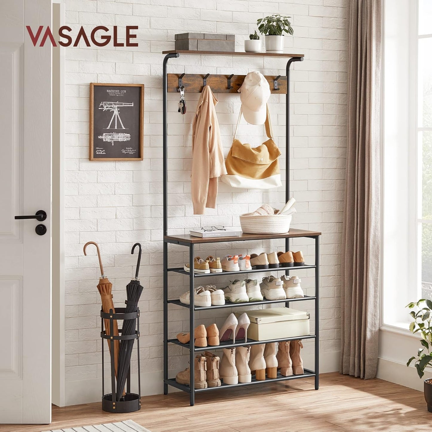 Hall Tree with Shoe Bench, Coat Rack Shoe Bench, 5-Tier Shoe Rack Different Heights, 5 Dual Hooks, Top Shelf, Entryway Organizer, Hallway Bedroom Dorm, Rustic Brown and Black UHSR408B01