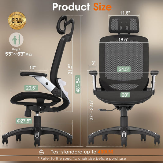 Ergonomic Office Chair, High Back Home Desk Chair with Headrest, Flip-Up Arms, 90-120° Tilt Lock and Wide Cushion, Big and Tall Mesh Chairs for Man Woman, Black Task Chair