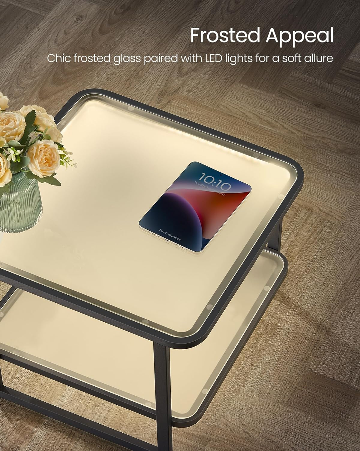 Nesting Tables Set of 2, Frosted Glass Coffee Table with LED Lights, Modern Square Side Tables with Bottom Shelf, for Living Room, Bedroom, Office, Cloud White and Ink Black ULCT246B01