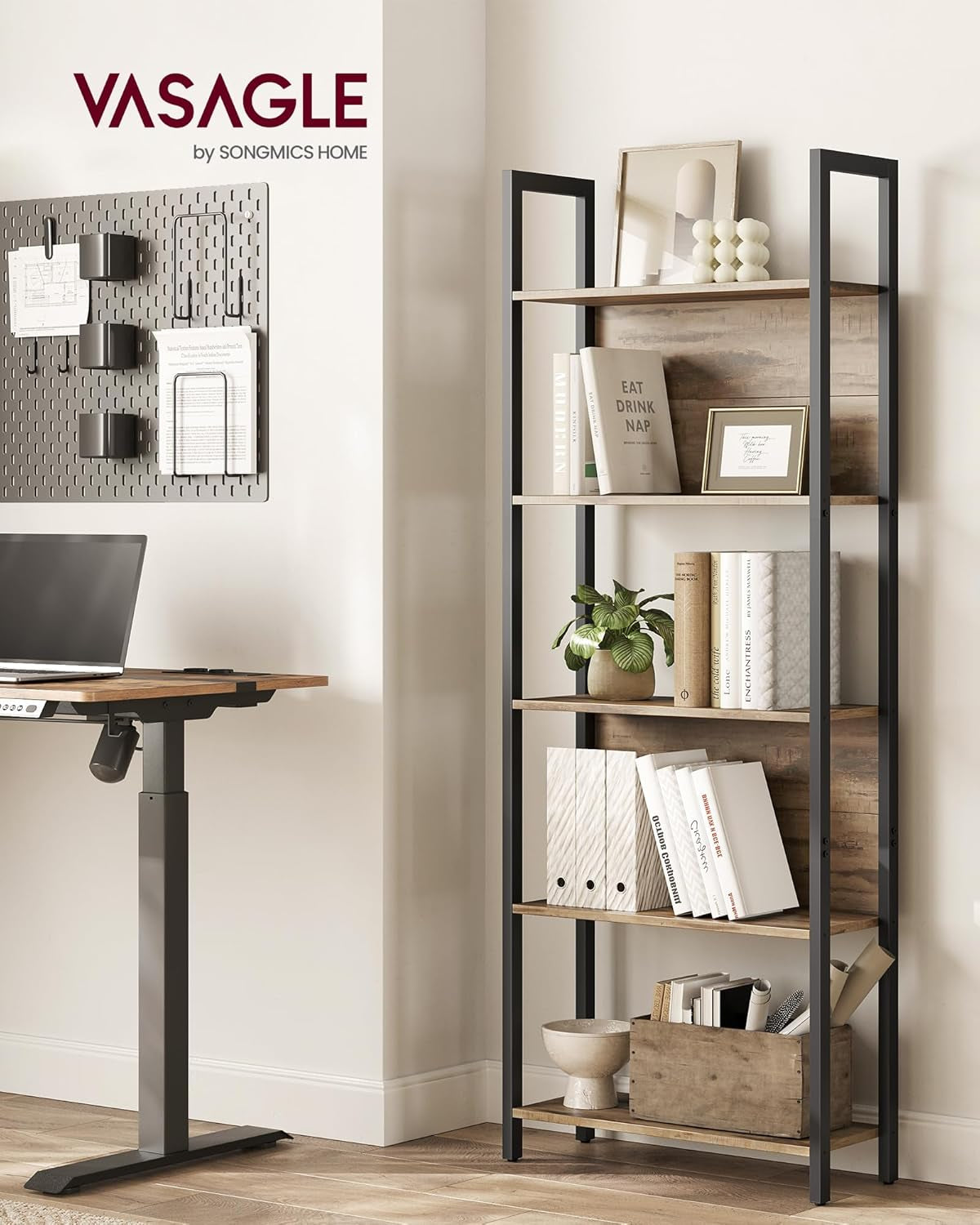 5-Tier Bookshelf and Computer Desk, Industrial Home Office Furniture Bundle, Steel Frame