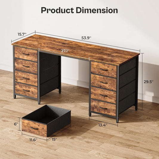 55 Inch Computer Desk with 8 Fabric Drawers, Office Desk Work Desk for Home Office, Study, Gaming Desk with Drawers, Large Storage, Rustic Brown