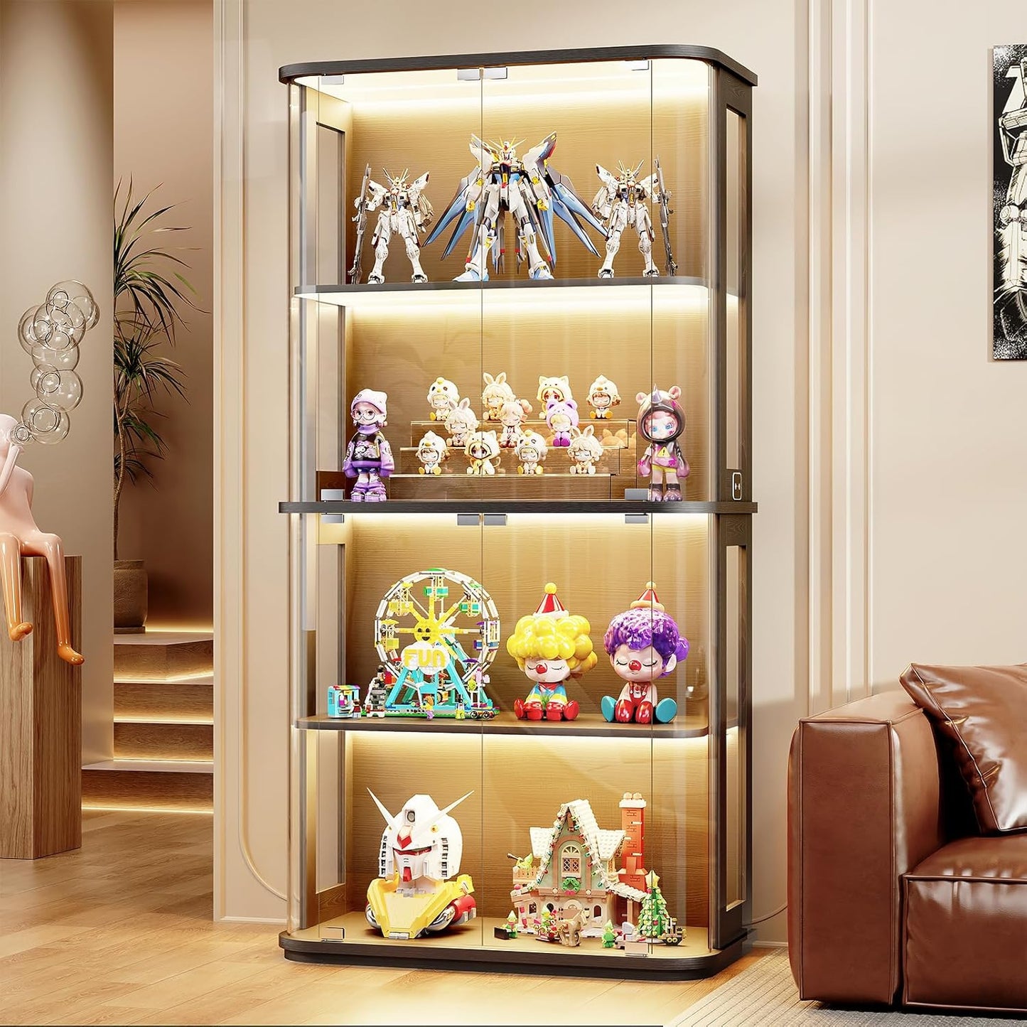 Rounded Display Cabinet with Glass Door, 4-Tier Curio Cabinet with Transparent Full-Display Surface for Collectibles, Glass Display Case with 3 Color Lights, Human Body Sensor, Black