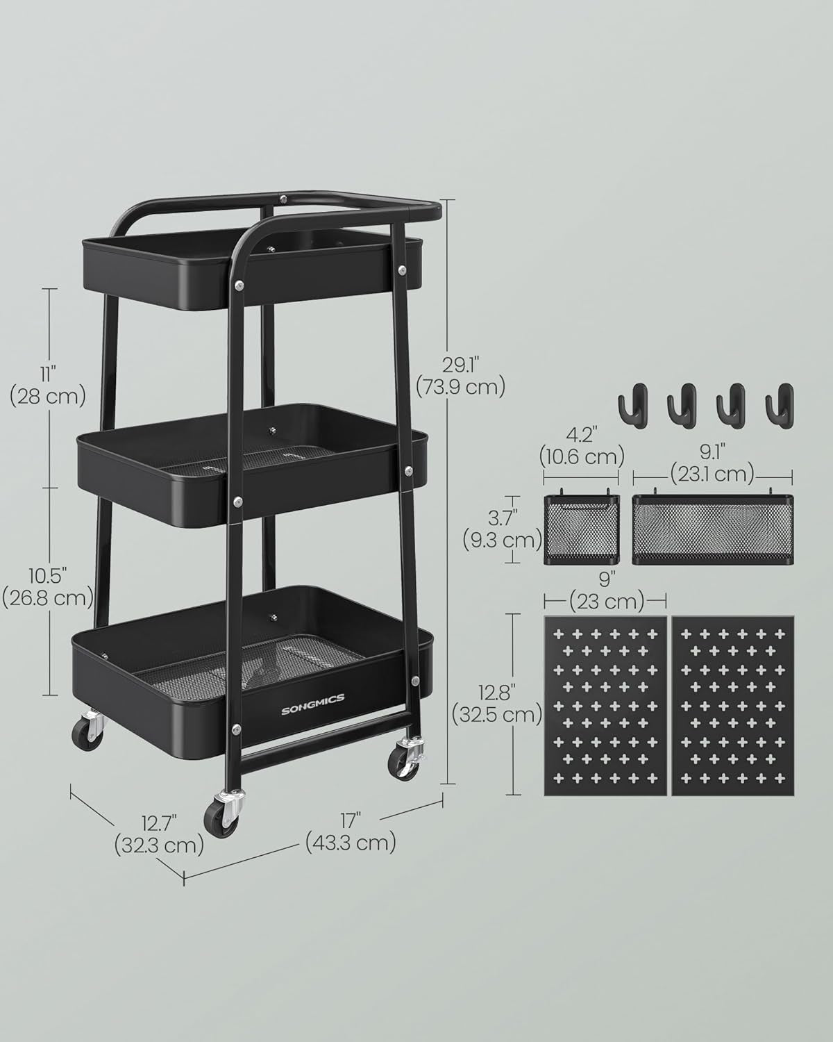 3-Tier Storage Cart, Rolling Utility Cart, Metal Mesh Shelves, 2 Removable Pegboards, 2 Hanging Holders, 4 Hooks, Craft Cart for Living Room, Kitchen, Office, Bathroom, Ink Black ULRC037B01