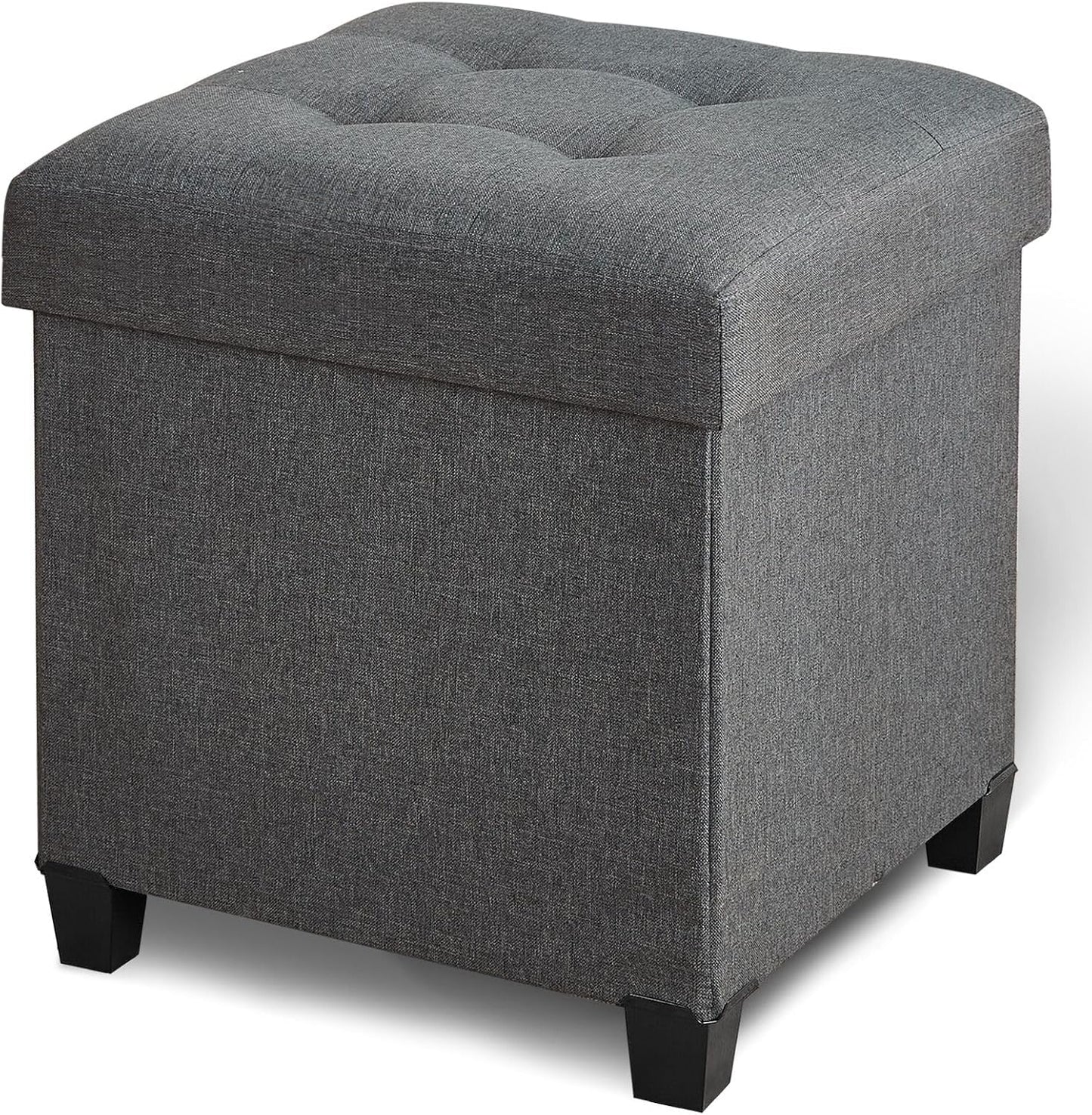 17.7" Square Ottoman with Storage, Storage Ottoman Foot Stool with Lid & Solid Wood Legs, Linen Ottomans for Living Room, Bedroom, Dorm, Black