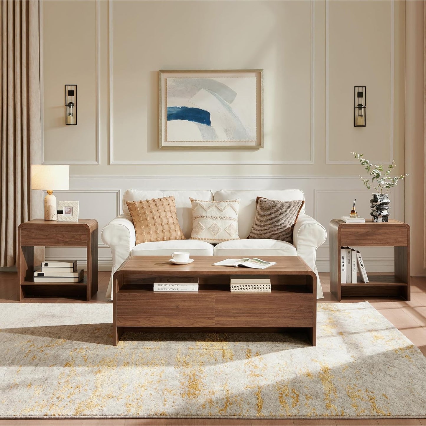 3-Piece Living Room Table Set, Includes Coffee Table & 2 End Tables, Modern Coffee Table Sets with Large Storage Drawers & Smooth Rounded Edges, Brown