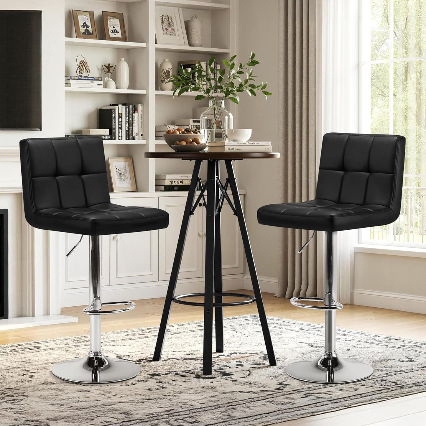 Bar Stools Set of 2, Adjustable PU Leather Swivel Barstools, Modern Counter Stools with Back and Footrest, Counter Height Barstools for Bar, Kitchen, Dining Room, Black