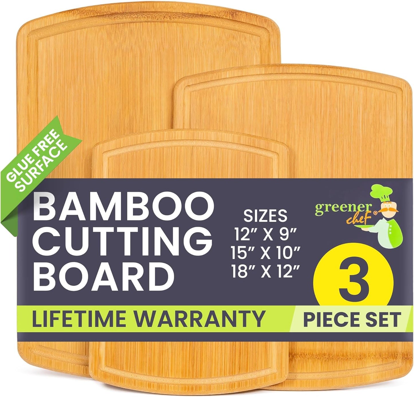 Glue-Free Surface™ Extra Large Bamboo Cutting Board Set – for Chopping Vegetables, Carving Meat, Slicing Bread, and Serving Cheese & Charcuterie for Safer Family Meal Prep – for Health Conscious Chefs