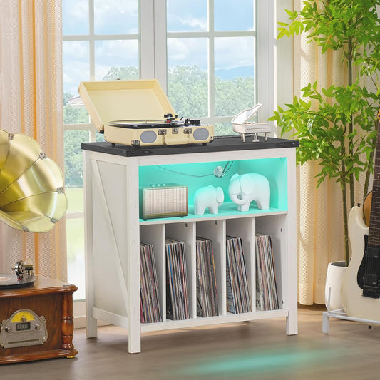 Large Record Player Stand with Charging Station & LED Lights, White Vinyl Record Storage Table Holds up to 230 Albums, Turntable Stand with Display Shelf for Music Room Bedroom Living Room