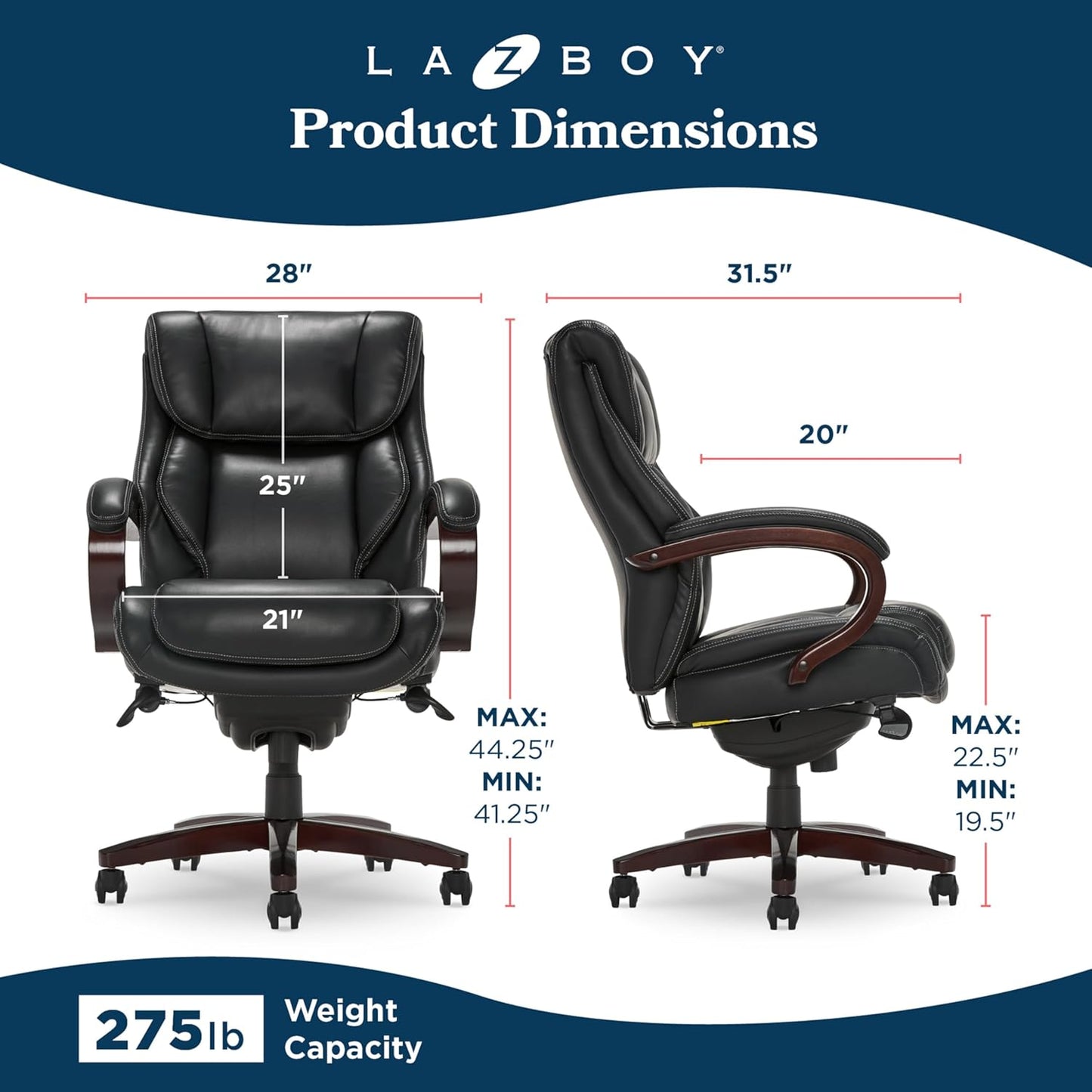 ® Bellamy Executive Office Chair with Memory Foam Cushions, Real Wood Arms and Swivel Base, Waterfall Seat Edge, Faux Bonded Leather, Black