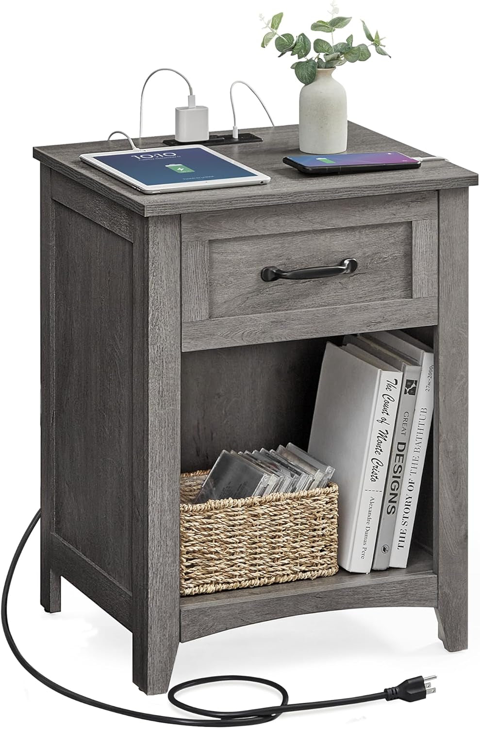 LIRY Collection - Farmhouse Nightstand with Charging Station, Bedside Table, Side Table with Drawer, Open Compartment, for Bedroom, Misty Gray ULET659G68