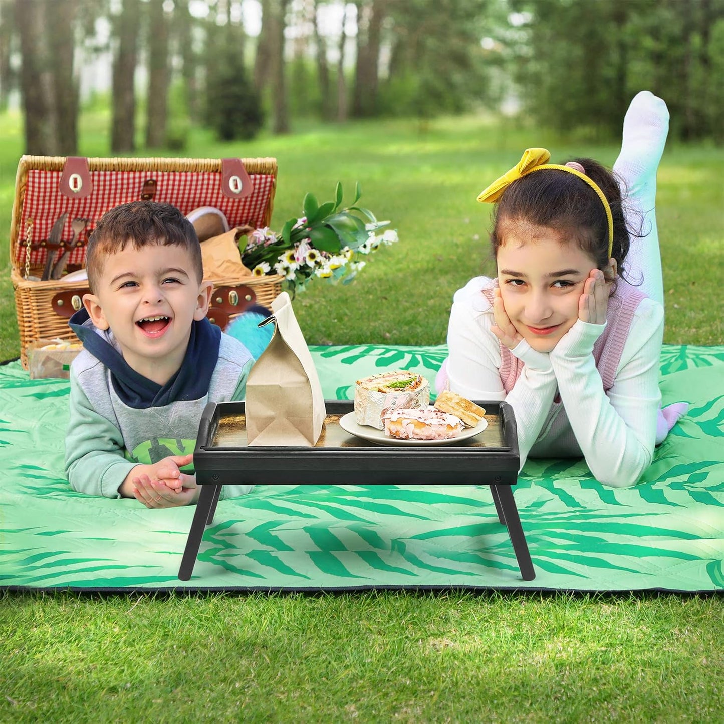 Bed Tray Table with Bamboo Folding Legs, Sofa Breakfast Tray, Serving Tray with Groove for Phone Tablet, Rustic Dark Brown ULLD111B01