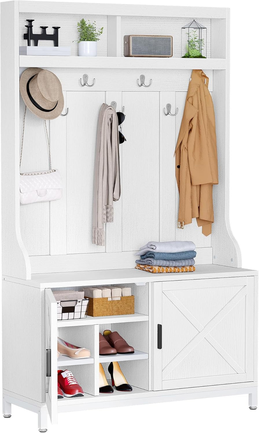 Hall Tree with Shoe Storage Bench for Entryway, 4-In-1 Coat Rack with Bench, Entrance Organizer, Hall Tree with Adjustable Shoe Storage and Hanging Hooks, White