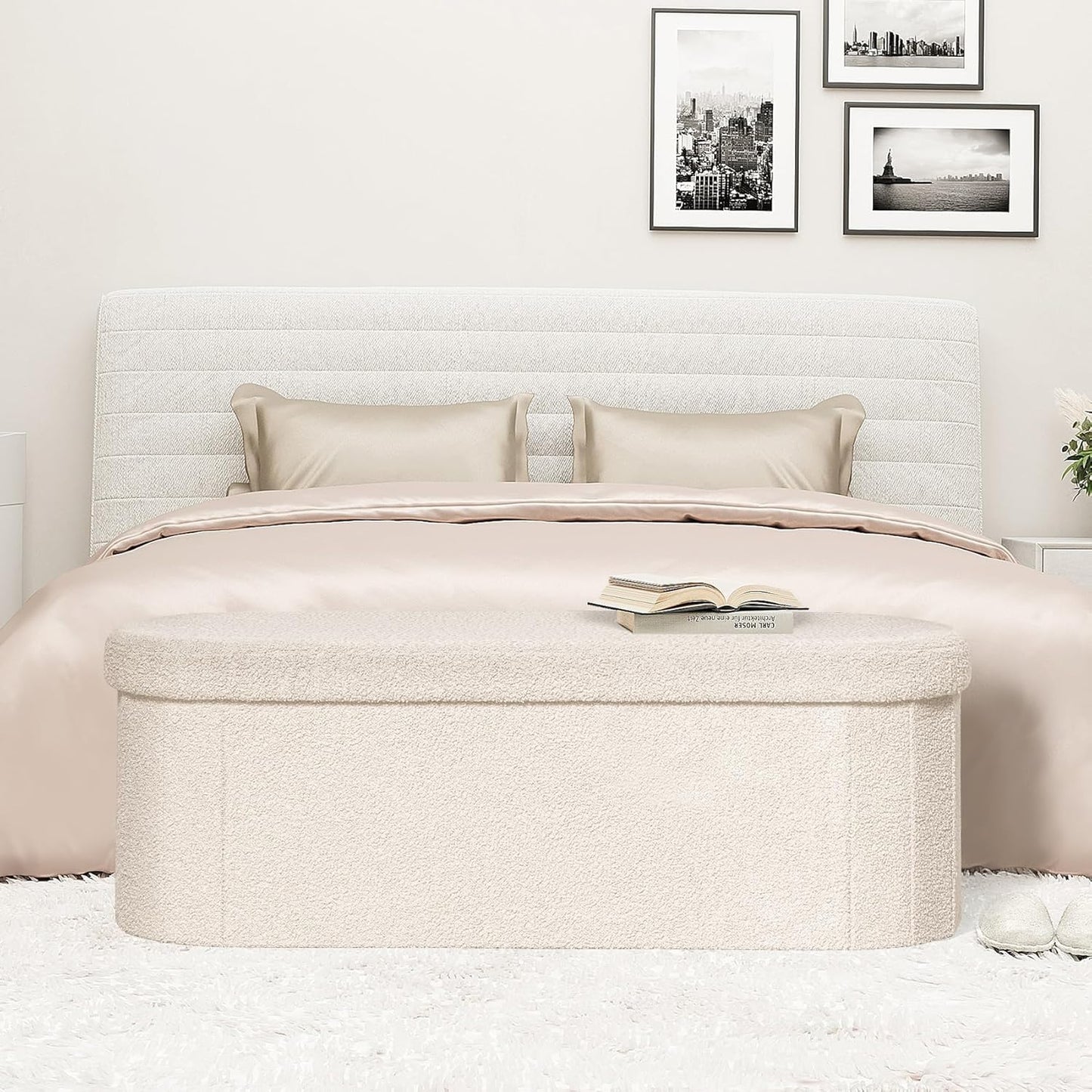 Storage Ottoman Bench Tufted Oval Ottomans Bench Foot Rest, Chest Box Velvet Bench with Storage, 43"X15"X15" (White)