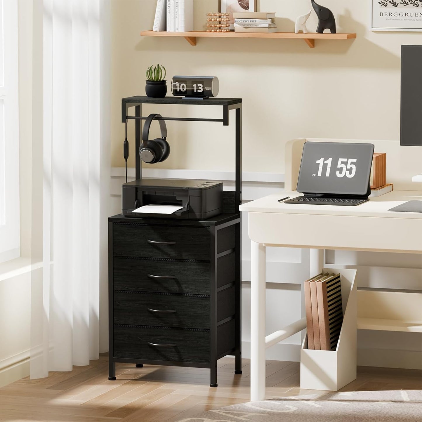 Tall Nightstand with Charging Station, Night Stands with LED Lights and Storage Shelves, Bed Side Table for Bedroom, Hallway, Office, 4 Fabric Drawers (Black Oak)