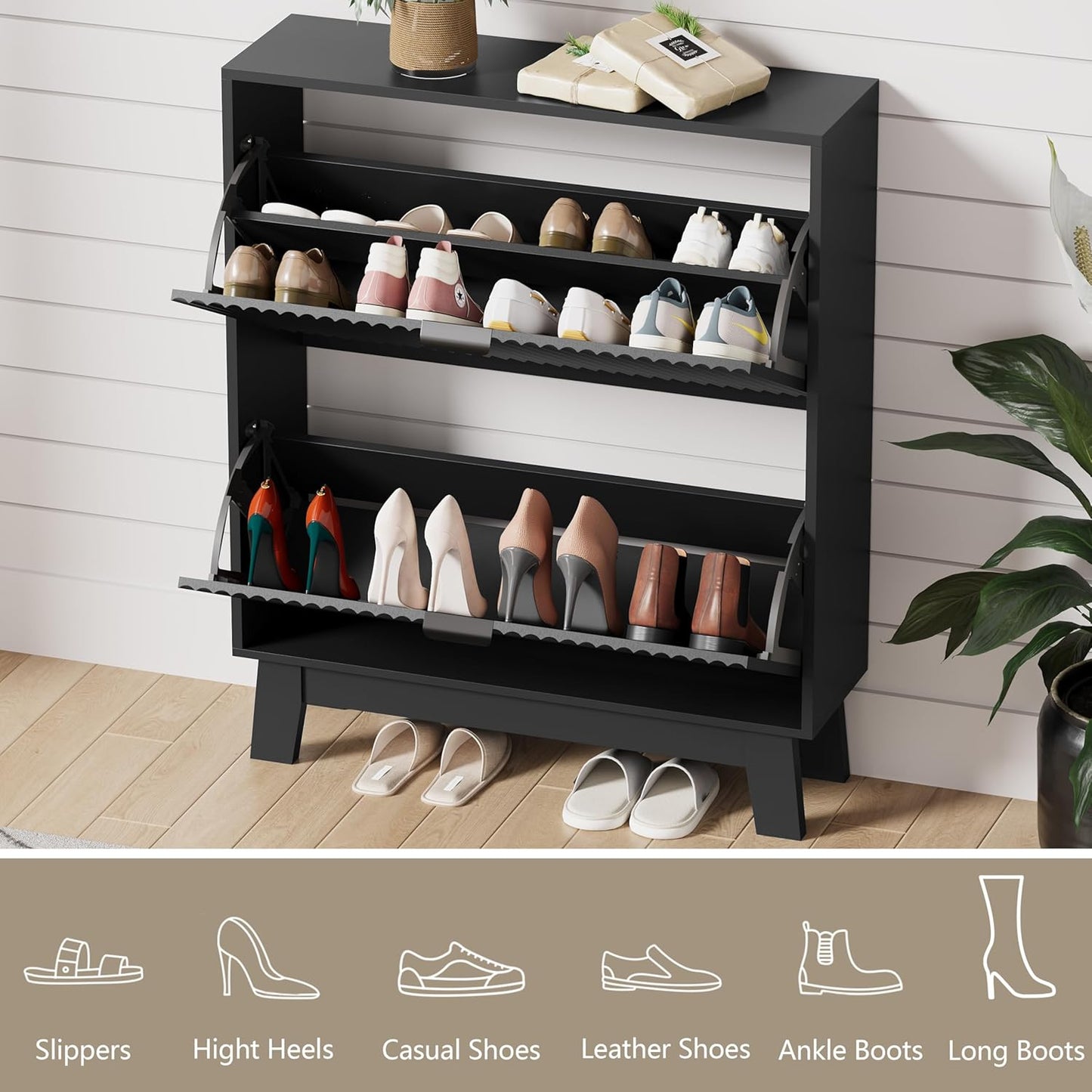 Shoe Cabinet Storage for Entryway with 2 Flip Drawers, Fluted Narrow Shoe Organizer with Wooden Legs, Freestanding Slim Shoe Storage Hidden Shoe Rack Organizer for Front Door Entrance, Black