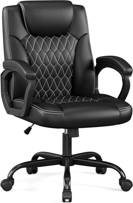 Office Chair, Executive Desk Chair, PU Leather Comfortable Executive Chairs with Fixed Armrest, Adjustable Height, Rocking Function, 360° Swivel Wheels, Black