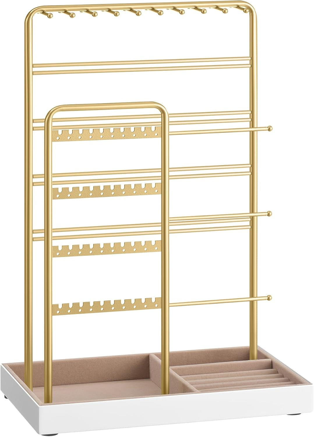 Jewelry Holder, Jewelry Organizer, Jewelry Display Stand with Metal Frame, Velvet Tray, Necklace Earring Bracelet Holder, for Studs, Rings, Gift Idea, Pale Gold UJJS021A01