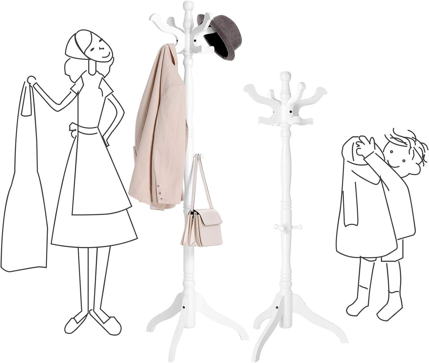 Coat Stand, Solid Wood Freestanding Coat Rack with 11 Hooks, Hall Tree for Bags, Purses, Hats, for Entryway, Hallway, Rubberwood, White URCR005W02
