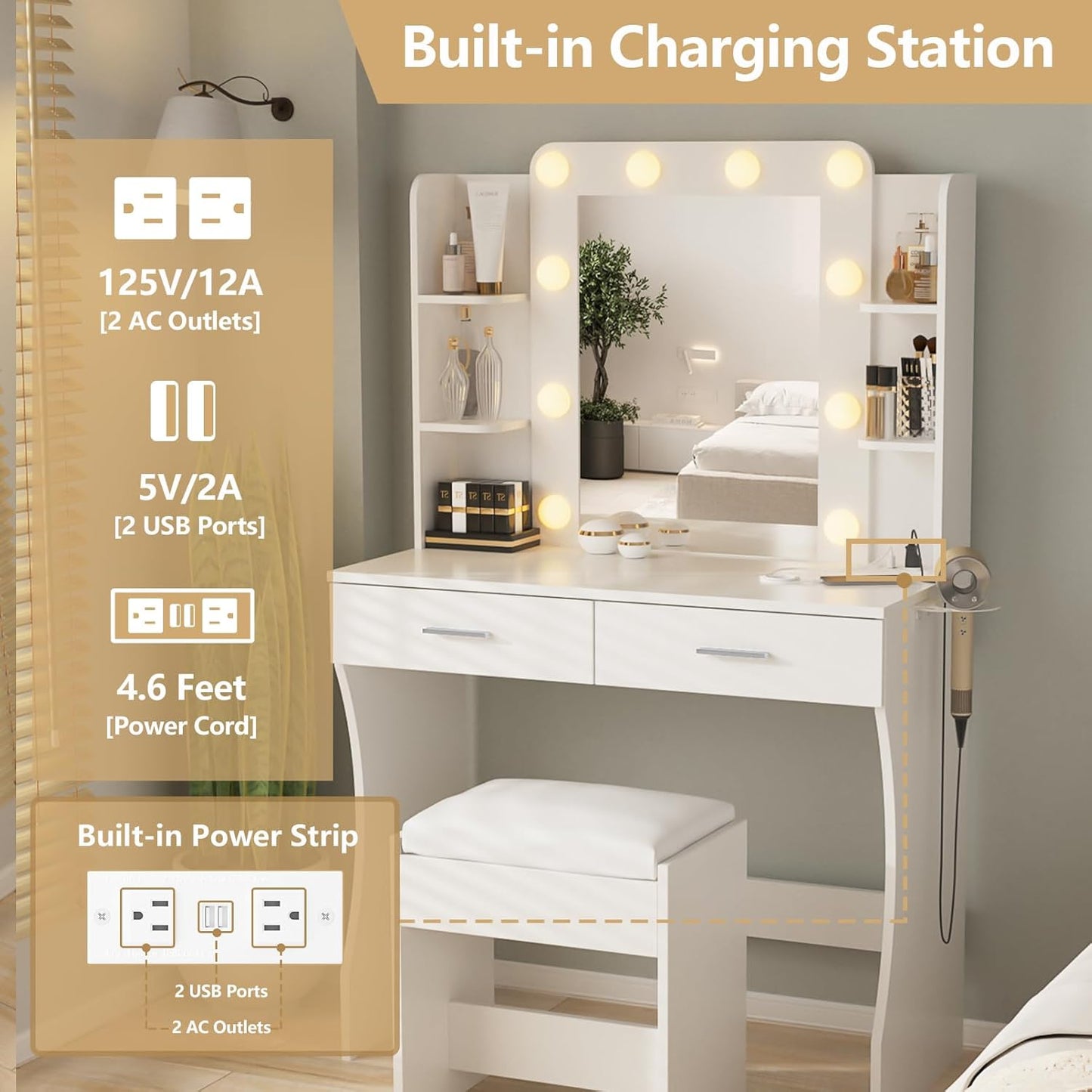 Vanity Desk with Lights,keup Vanity with Power Strip,Dressing Table Set with 2 Large Drawers,Vanity Mirror 3 Lighting Color Adjustable,White