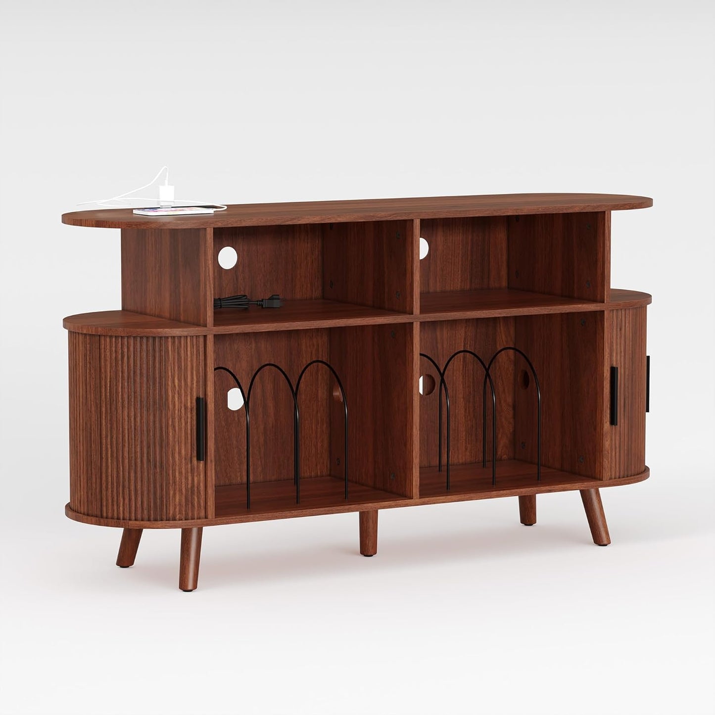 Fluted mid-century turntable cabinet with charging station and shelf, view 8