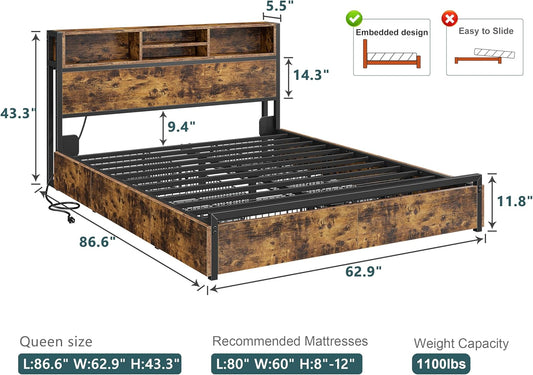 Queen Bed Frame with 6 Storage Drawers, Bed Frame Queen Size with Headboard & Charging Station, No Noise,No Box Springs Needed,Vintage Brown