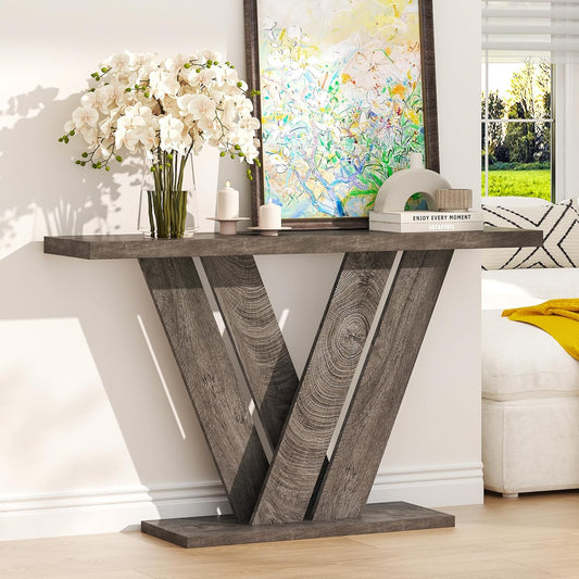 51 Inch Console Table, Farmhouse Entryway Table with V-Shaped, Wood Sofa Table behind Couch Table, Narrow Entryway Accent Table for Living Room, Hallway, Entrance, Foyer, Easy Assembly, Grey