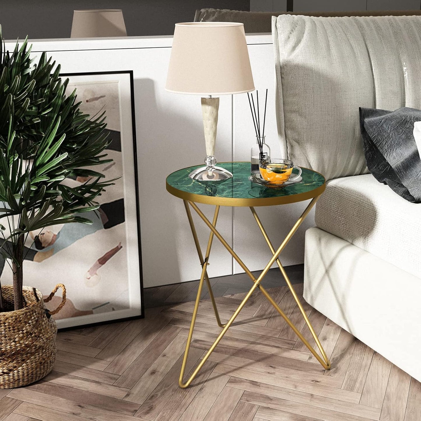 Modern round Side Table, End Table with Marble Effect Top and Gold Metal Frame, Small Side Table for Living Room, Bedroom, Sofa and Couch, Gold Legs, Green Marble Top