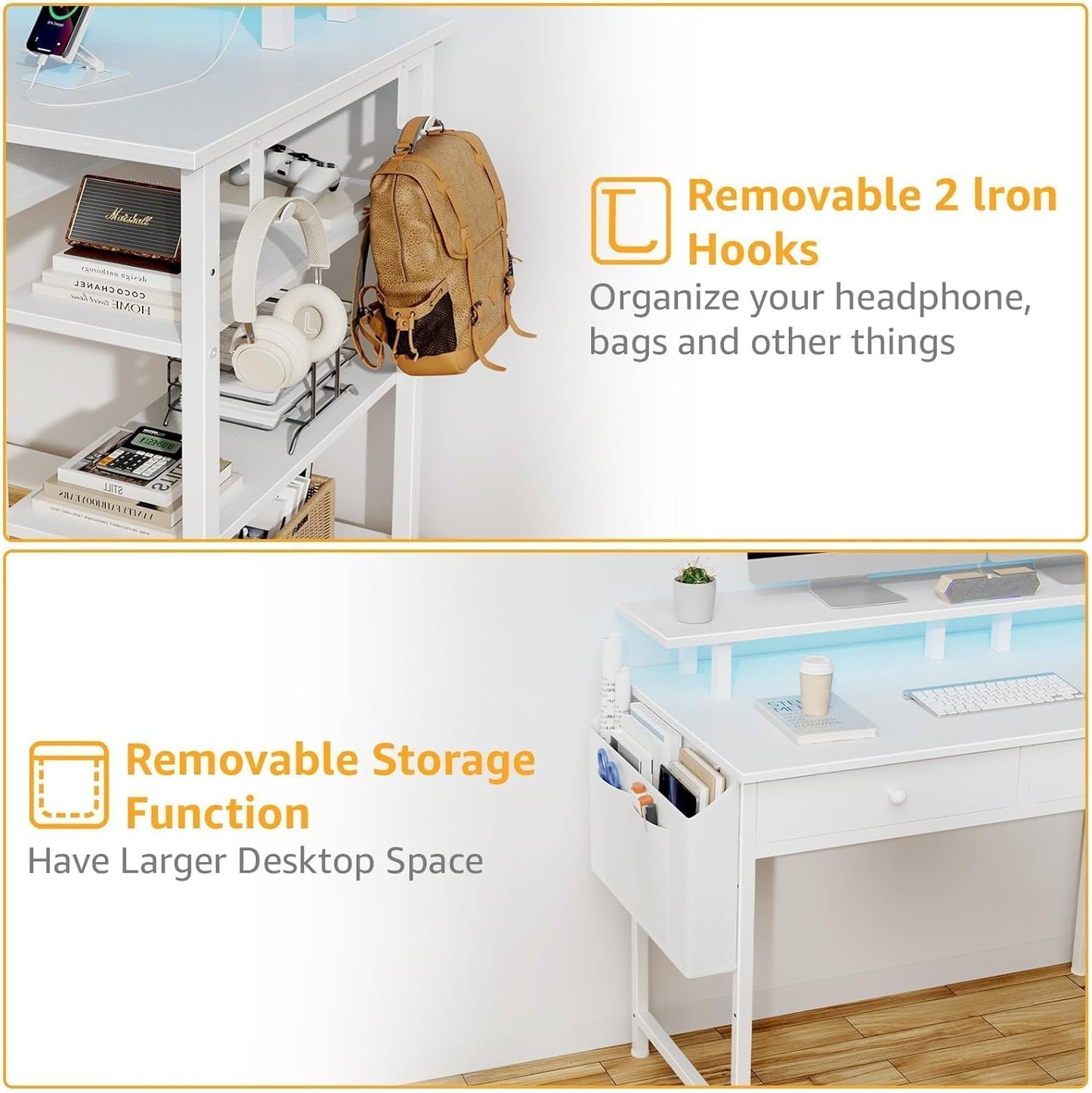 White Computer Desk with Shelves and Drawers - 47 Inch Home Office Desk with Drawers and Shelves, Small White Desk with Shelves, Computer Desk with Monitor Stand, RGB Gaming Desk with Power Outlet