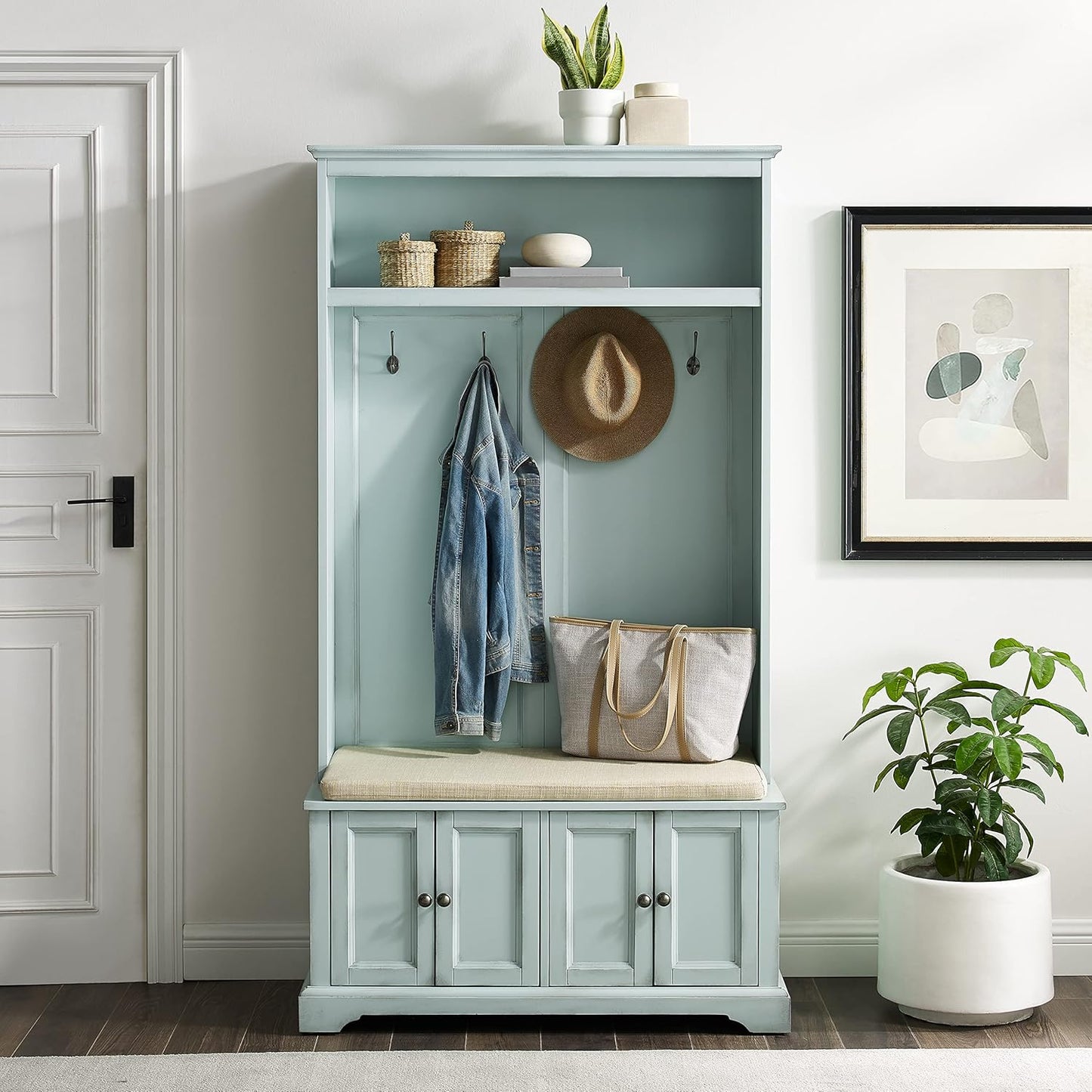 Holbrook Hall Tree with Shoe Rack Bench and Coat Hooks for Hanging Storage, Distressed Seafoam Blue